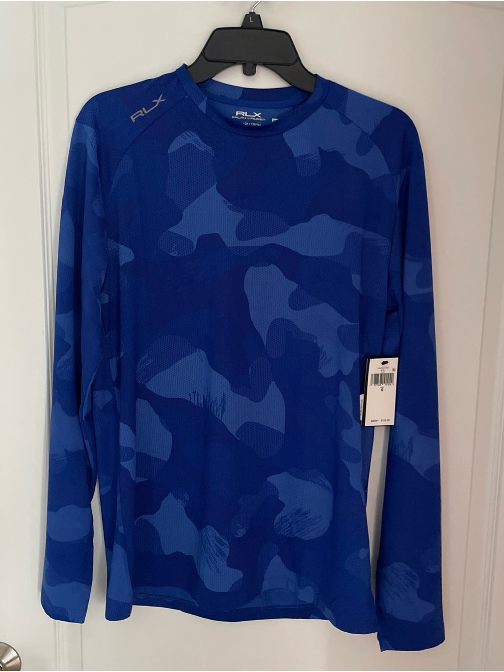 RLX Ralph Lauren Long Sleeve Mens Shirt Small Crew Neck Blue Camo Golf NWT $138